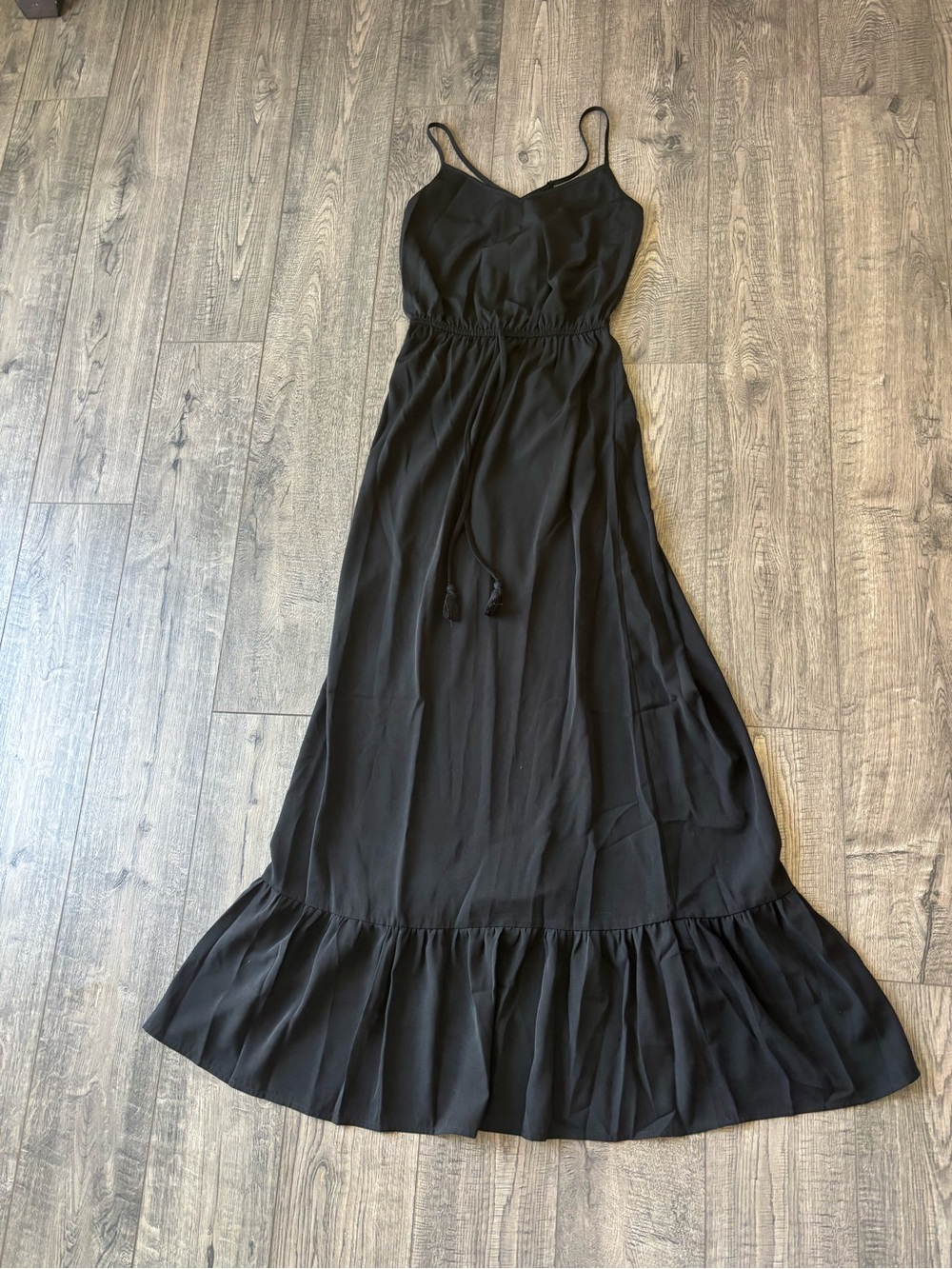 Kingston Grey Black Spaghetti Strap Maxi Dress with Tassel Tie & ruffled hem